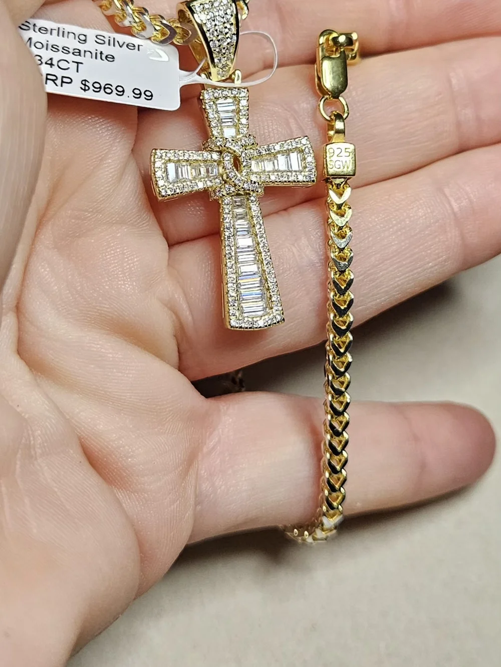 Sterling Silver 14k Gold Over Moissanite Cross Pendant And 18in Franco Chain